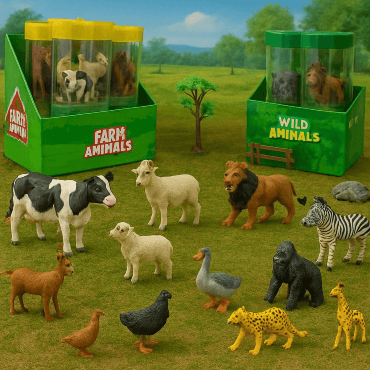 21-Piece Animal Figurines Set in Storage Bucket – Wild & Farm Animal Playsets for Kids (Ages 3+)