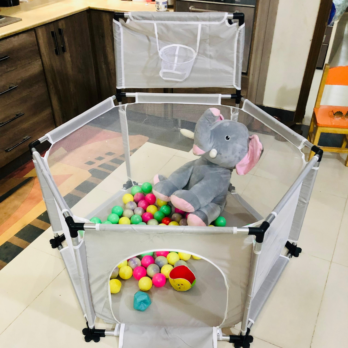 Portable Baby Safety Playpen with Basketball Hoop & Zipper Door – Large Hexagonal Toddler Activity Center