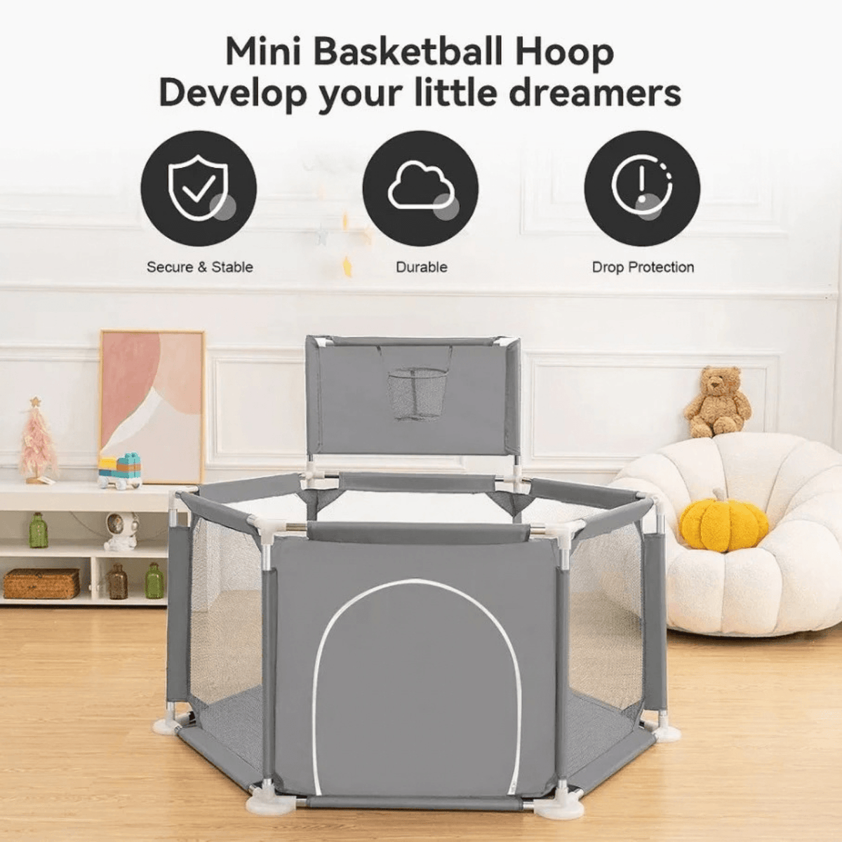 Portable Baby Safety Playpen with Basketball Hoop & Zipper Door – Large Hexagonal Toddler Activity Center