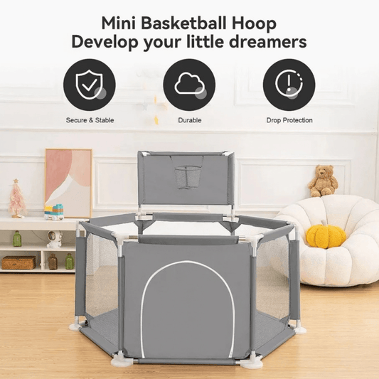 Portable Baby Safety Playpen with Basketball Hoop & Zipper Door – Large Hexagonal Toddler Activity Center