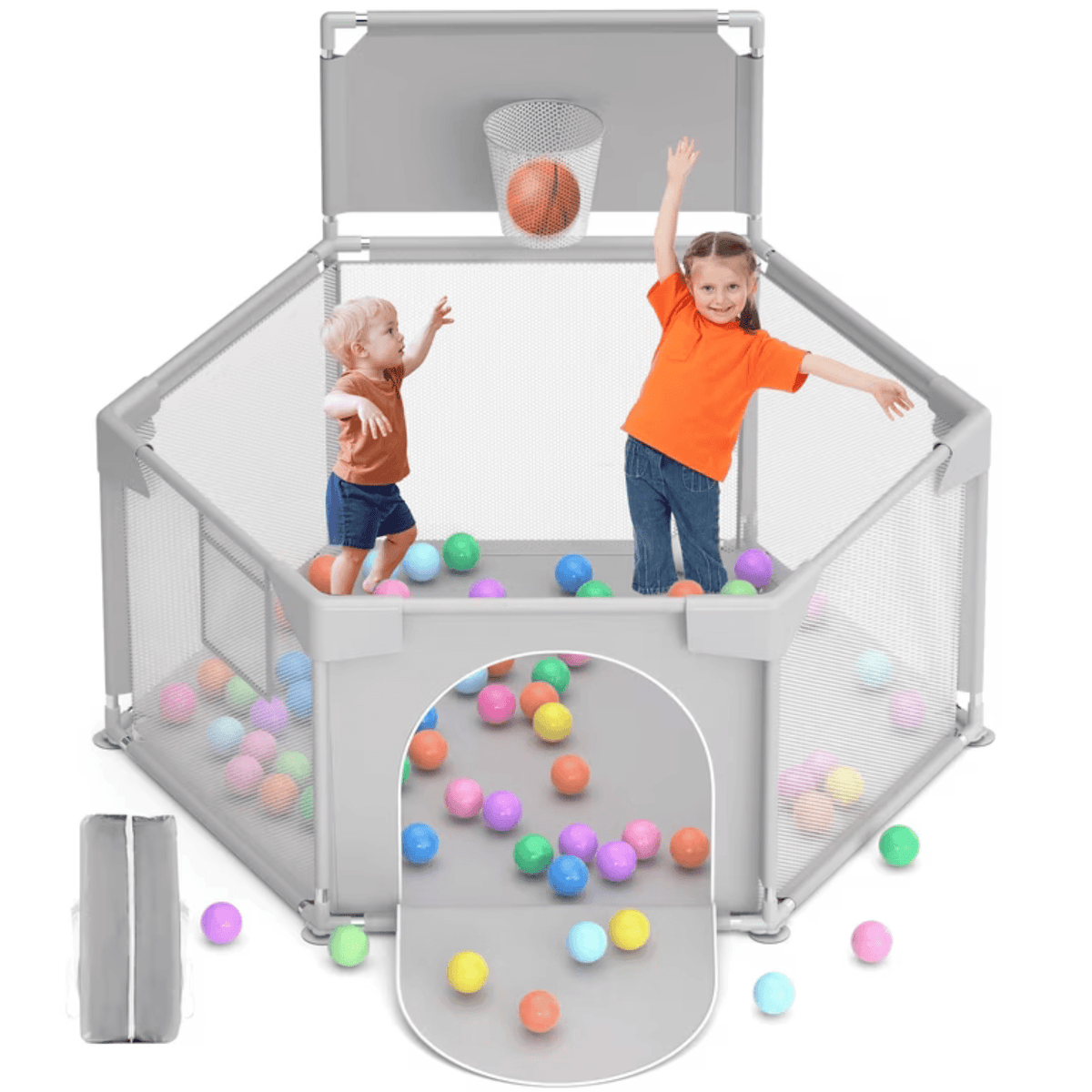 Portable Baby Safety Playpen with Basketball Hoop & Zipper Door – Large Hexagonal Toddler Activity Center