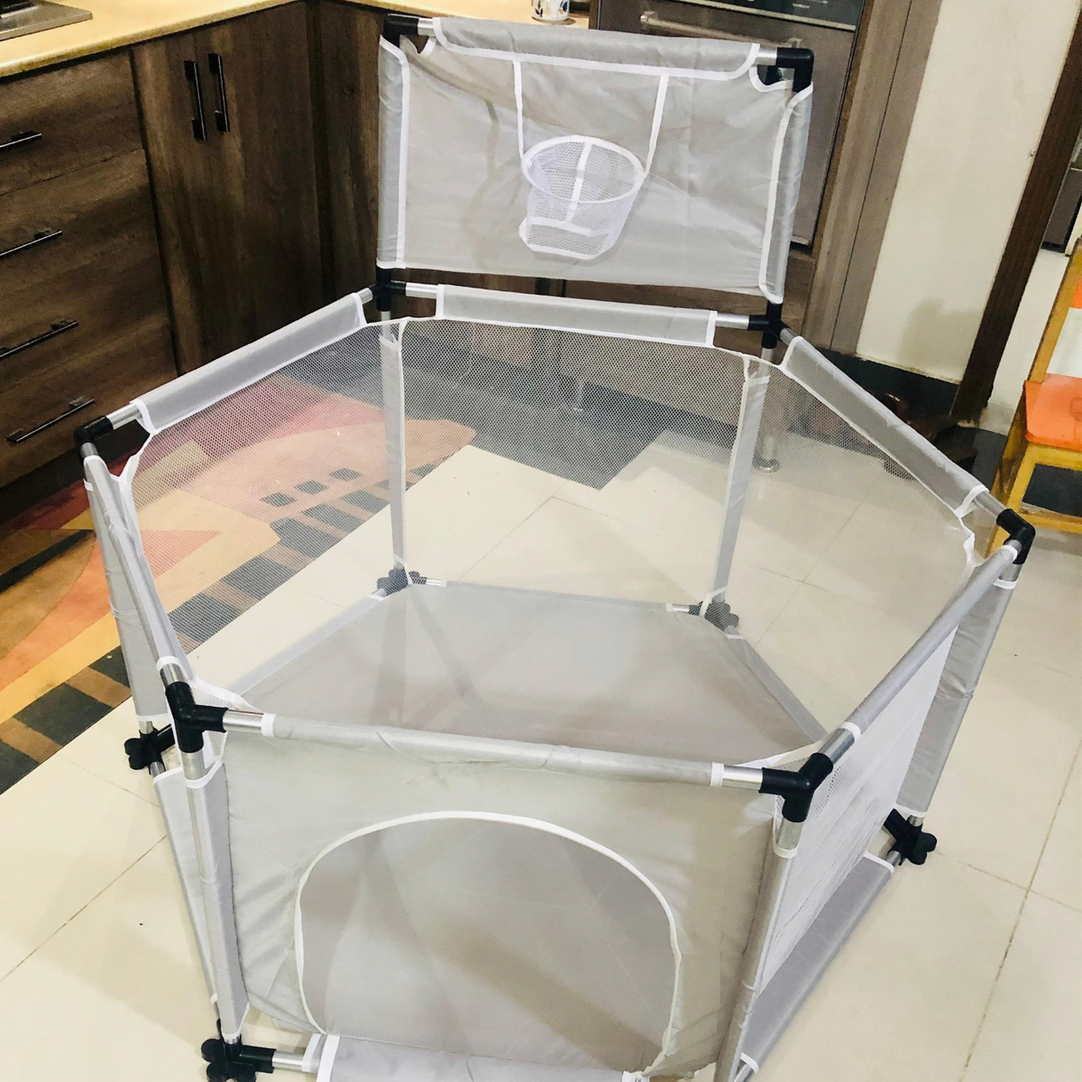Portable Baby Safety Playpen with Basketball Hoop & Zipper Door – Large Hexagonal Toddler Activity Center