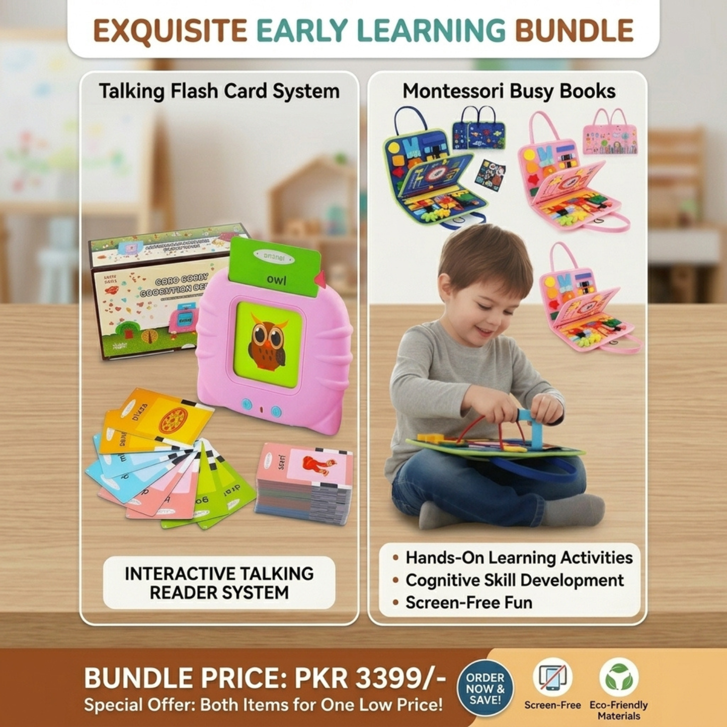 🎓 Early Learning Bundle – Talking Flash Card System + Montessori Busy Book