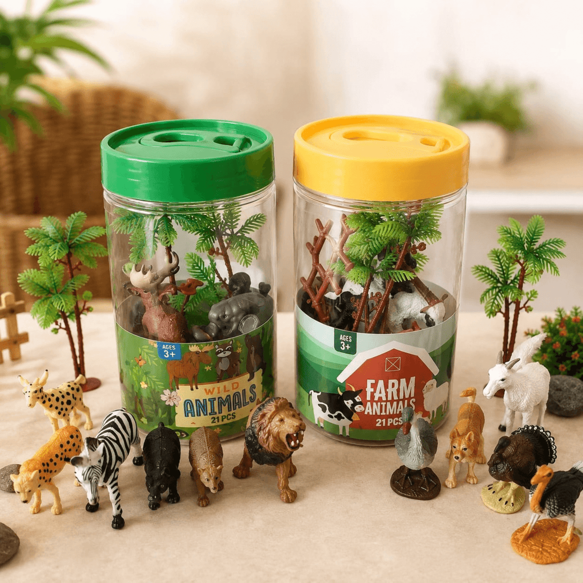 21-Piece Animal Figurines Set in Storage Bucket – Wild & Farm Animal Playsets for Kids (Ages 3+)