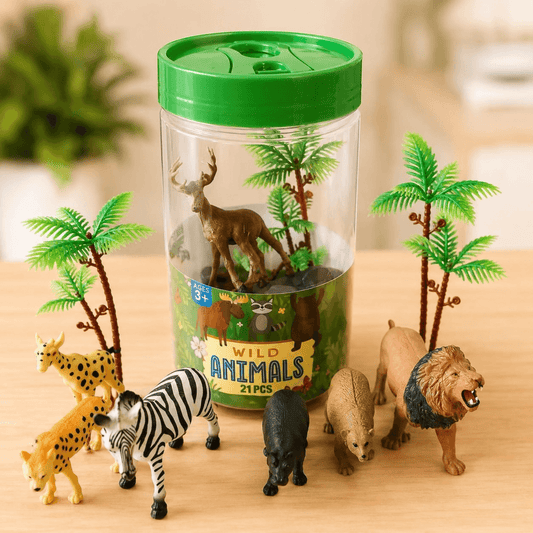 21-Piece Animal Figurines Set in Storage Bucket – Wild & Farm Animal Playsets for Kids (Ages 3+)