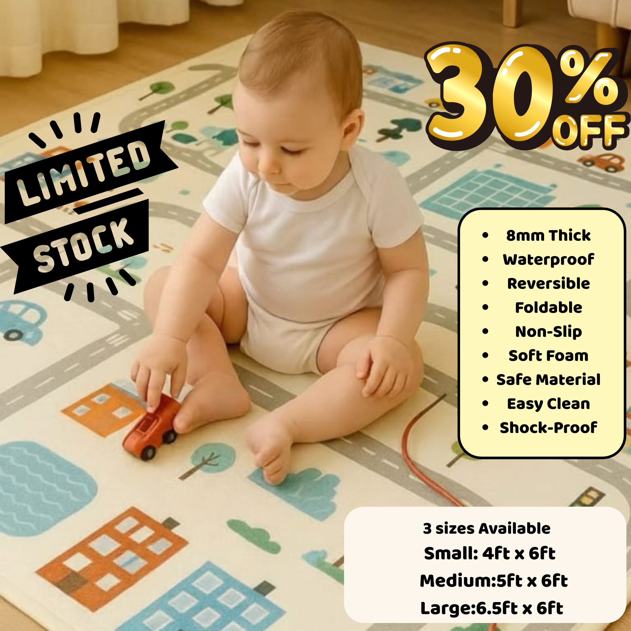 Premium Baby Play Mat – Foldable, Thick, Non-Slip | 3 Sizes Available